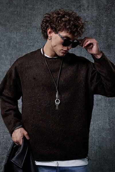 ablukaonline Ανδρικό πλεκτό πουλόβερ από μαλλί Relax Fit καφέ