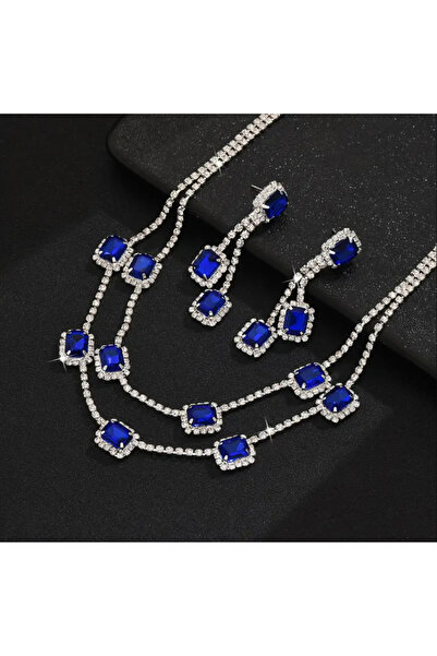 TAKİŞKO Blue White Zircon Stone Setting Necklace Earrings Evening Dress Set