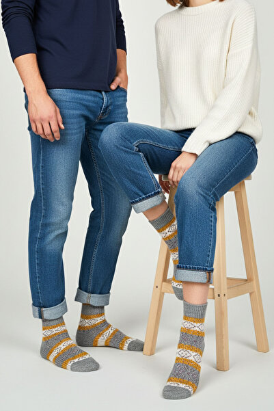 Buluş Organic 2-Piece Organic Wool Winter Rug Patterned Thick Socks - Multi-Colored