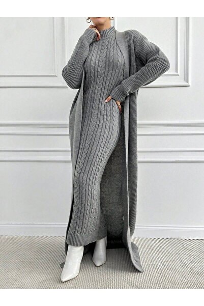 ÖZ KURTOĞLU COLLECTİON 2 Parça Kadın Şık Vintage Saç Örgü Desenli Uzun Hırka Kazak Elbise Seti, Kış Kadın Triko Takım