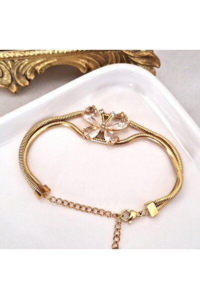 Svc Aksesuar Zircon Stone Butterfly Detailed Steel Bracelet