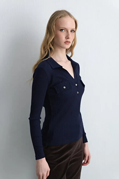 Gusto Polo Neck Ribbed Blouse - Navy Blue