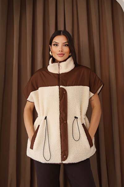 MOVİMENT Women's Ecru Fleece and Coffee Garnish Padded Coat with Zipper and Pocket Detail