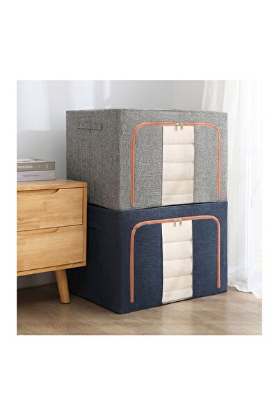 Flippy Foldable Storage Box 24L, Cotton+Linen, Front Window, 2 Zipper Doors, Metal Frame, Gray
