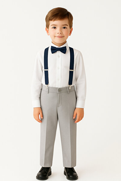 DaphKids Unisex 1-7 Yaş Lastikli Ayarlanabilir Çocuk Pantolon Askısı Papyon Seti - Lacivert