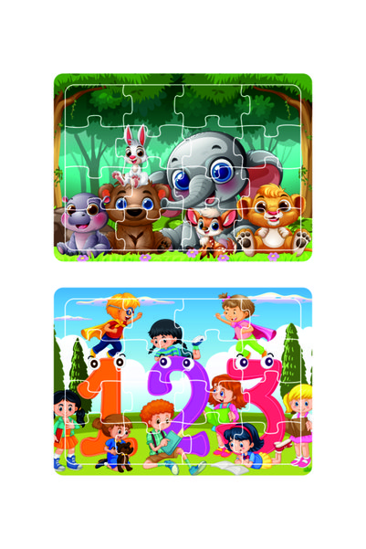 Leelii Tasarım Cute Animals, Fish, Kids Race, Fun Figures 16 Piece Wooden Puzzlejigsaw Puzzle Set of 4
