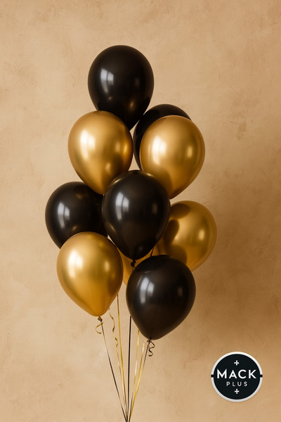 MACK PLUS 10’lu 12 İnç Siyah Metalik & Gold Metalik Balon Seti – Helyum Uyuml...