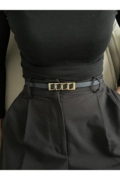 LİA KEMER Icon Square Patterned Gold Buckle Model Women's Belt Waist Belt Coat Belt Dress Belt