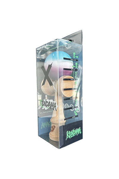 OEM Jucarie Kendama X Originala, Profesionala din Lemn, Rubber Grip, 18 cm, Gradient Albastru Alb Mov