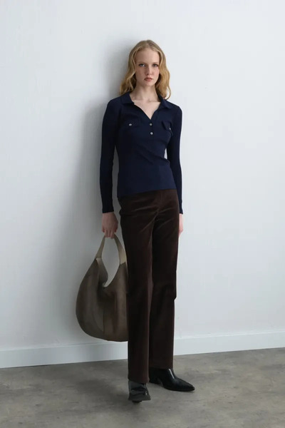 Gusto Polo Neck Ribbed Blouse - Navy Blue