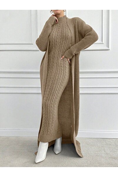 ÖZKURTOĞLU COLLECTİON Σετ φόρεμα πουλόβερ με μακριά ζακέτα 2 τεμαχίων, κομψό ...