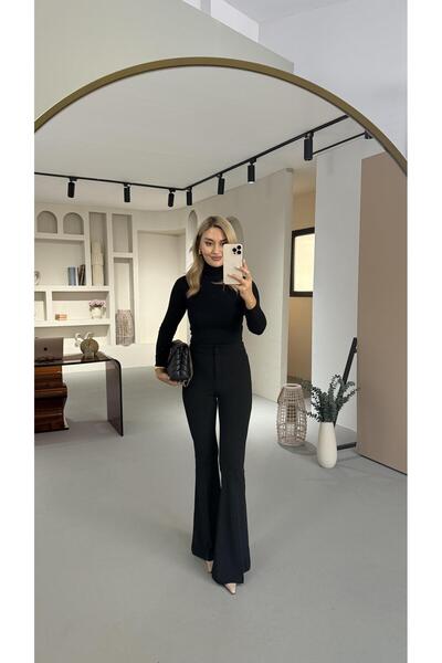 Sezgi Tekin İspanyol Paça Likralı Siyah Fit Pantolon