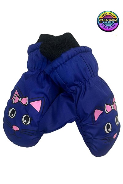 ww waka waka kids store Girls' Waterproof Cat Pattern Fleece-Lined Winter Gloves