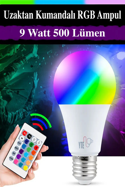 YTE Uzaktan Kumanda İle Renk Değiştiren Dimli Ampul RGB 9 Watt E27 Duy