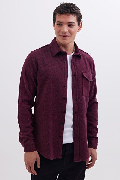 Tudors Erkek Slim Fit Tek Cep Kapaklı Düz Oduncu Spor Bordo Gömlek