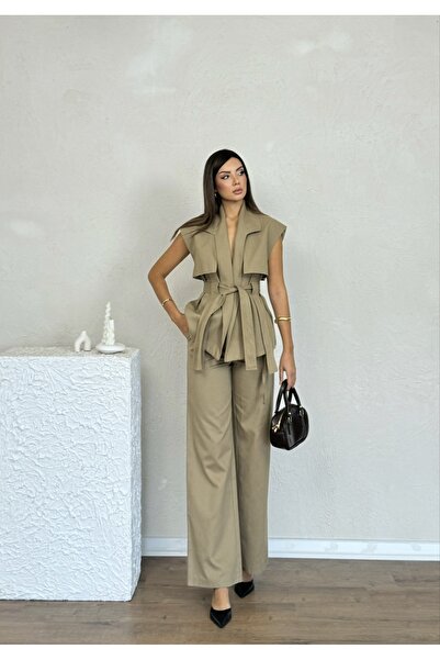 Nesil Windbreaker Detailed Belted Sleeveless Women's Stylish Classic Daily Engagement Wedding Pants Vest Set