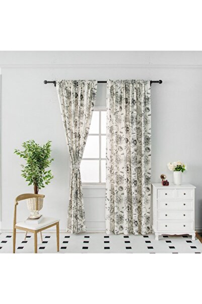 OBRO Set of 2 Long Curtains – Matte, Semi-Blackout, Linen-Look Fabric with French Elegant Floral Print