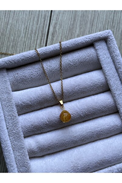 Pel Design Amorf Kehribar Taşı Altın Renk Çelik Kolye El Yapımı