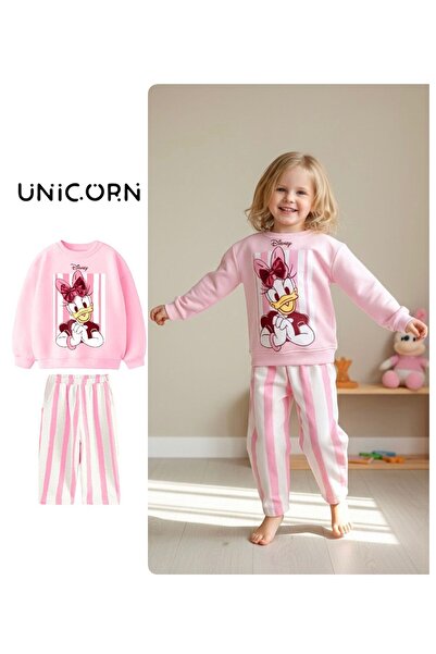 UNICORN Barbosa Sweatshirt ve Kot Canvas Dokuma Pantolon Kız Çoçuk Tak (Daisy Duck - Minnie Mause 3D Fiyonk)