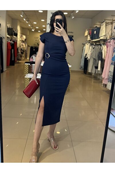 Gökçebutik01 Tokalı Lacivert Kadın Elbise