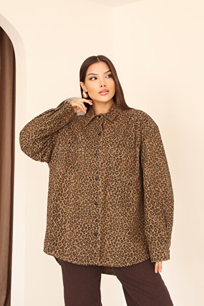 MOVİMENT Γυναικείο παλτό με λεοπάρ σχέδιο με λεπτομέρεια με κουμπιά και γιακά πουκάμισου oversized
