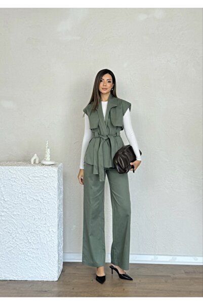 Nesil Windbreaker Detailed Belted Sleeveless Women's Stylish Classic Daily Engagement Wedding Pants Vest Set