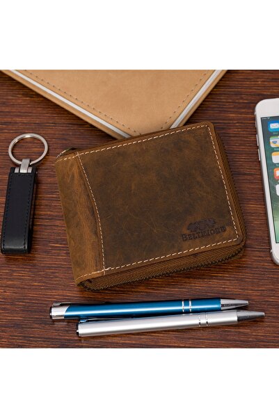 Other Large horizontal leather wallet RFiD brown nubuck with zipper Beltimore leather