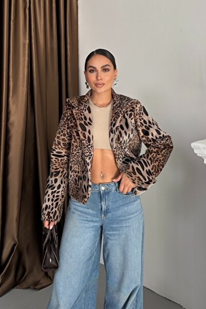 spirituel Women's Jacket Short Leopard Print Fox Fabric Jacket Lapel Buttoned Fur Coat