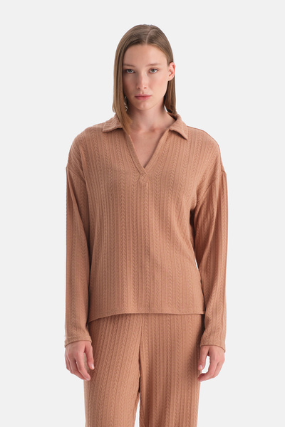 Dagi Mocha Knit Detailed Polo Neck T-Shirt