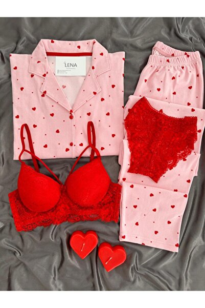 Lena Homewears Women's Patterned Buttoned Premium Termosoft Pajama Set with Underwear