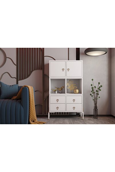 nettrends.net the new trend of shopping Modüler 2 Kapak + 4 Çekmece Vitrin, Orta Bölmeli, Metal Ayaklı — Vitrin, Beyaz-PNR-VTR-1001