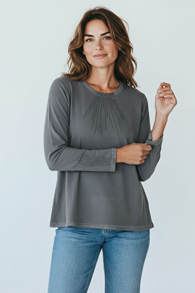 ECE GİYİM Women's Collar and Sleeve Stone-Embellished Skirt with Patterned Bluz