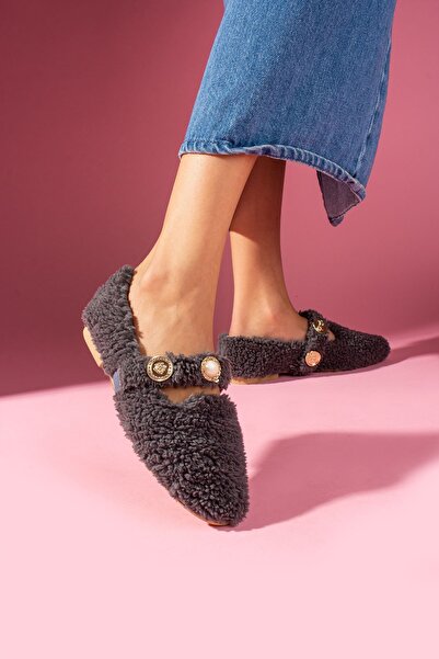 FUGA MODA Valoria Anthracite Towel Textured Pearl and Seal Accessory Belted Home Ballet Flats