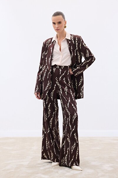 Sateen Patterned Wide Leg Trousers - Brown