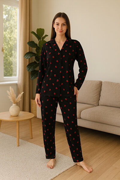 Silona Homewear Siyah Çilek Desenli Gömlek Yaka Düğmeli Pijama Takımı