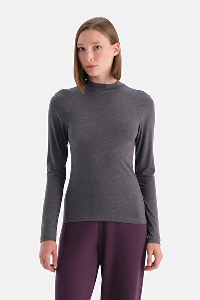 Dagi Anthracite Melange Travel Turtleneck Long Sleeve Blouse