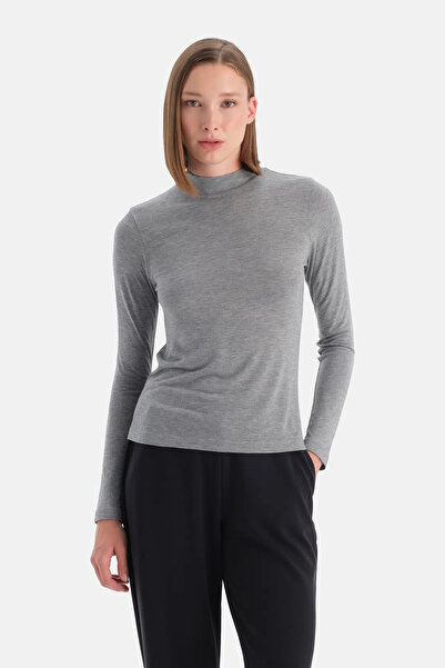 Dagi Gray Melange Travel Turtleneck Long Sleeve Blouse