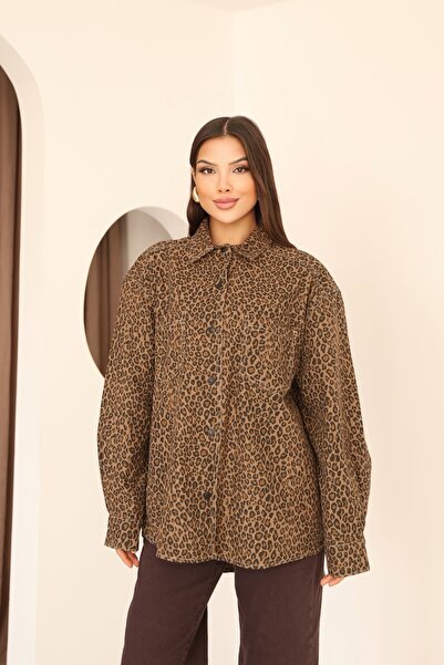MOVİMENT Γυναικείο παλτό με λεοπάρ σχέδιο με λεπτομέρεια με κουμπιά και γιακά πουκάμισου oversized