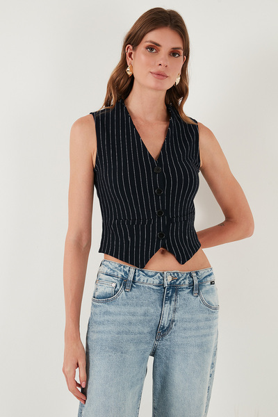 Lela Stretch Fitted Fit V-Neck Buttoned Vest Vest 5865971