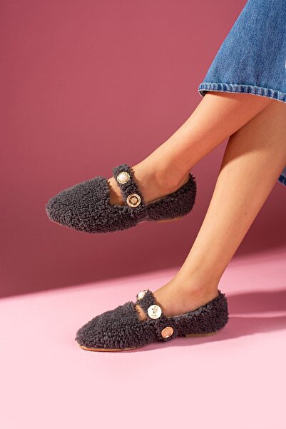 FUGA MODA Valoria Anthracite Towel Textured Pearl and Seal Accessory Belted Home Ballet Flats