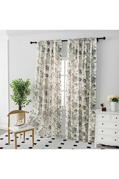 OBRO Set of 2 Long Curtains – Matte, Semi-Blackout, Linen-Look Fabric with French Elegant Floral Print