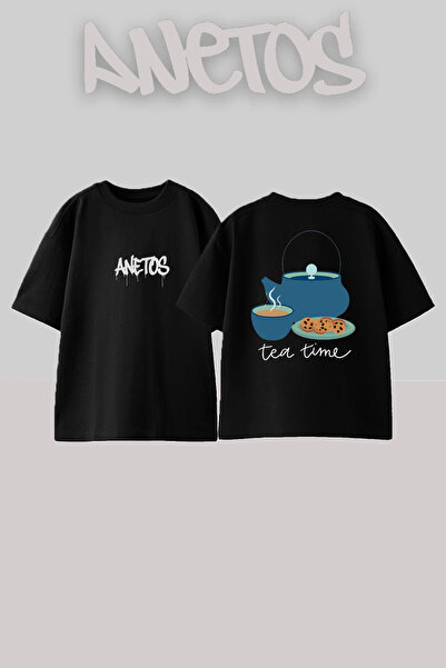 Anetos Tea Time Design Spate cu imprimeu Bumbac Negru supradimensionat tricou