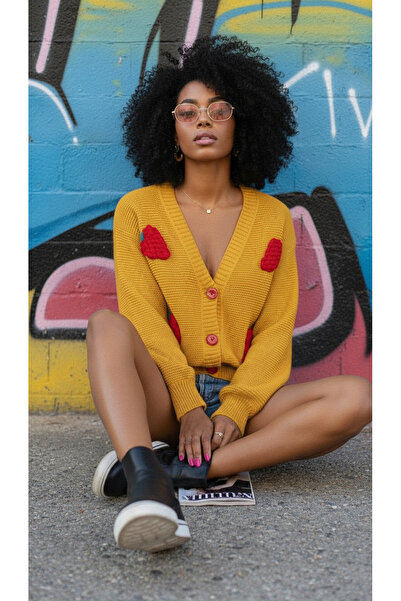 NİLZA Hand-Knitted Special Design Knitwear Cardigan with Strawberry Motif