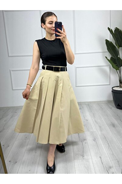 TUNAM BUTİK Garnished Pleated Belted Dress Cream