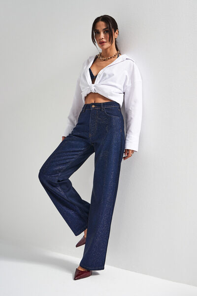 its basic Kadın Koyu Mavi Renk T-7w5-50 Straight Fit Yüksek Bel Viskon Koton Kumaş Parlak Taşlı Tasarım Denim