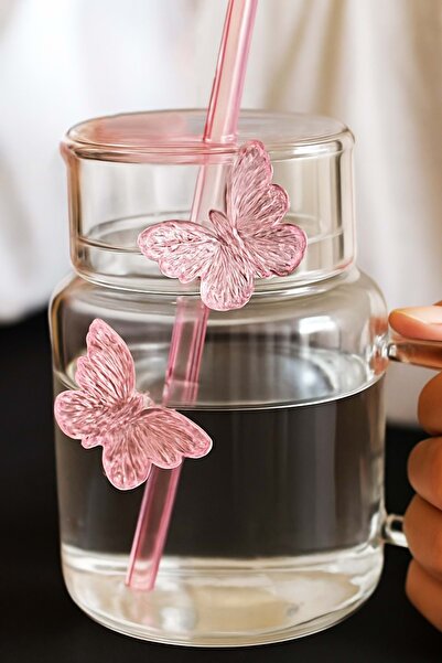 Jenisa Pink Butterfly Detailed Glass Cup - Mug with Lid and Pink Straw 500 ml