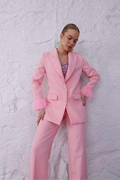 Passage Woman Tüy Detaylı Pembe Ceket ve Pantolon Takım