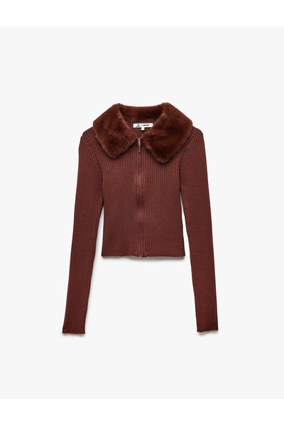 Koton Cardigan tricotat cu mânecă lungă și fermoar, cu guler din blană artificială amestecată de viscoză