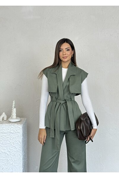 Nesil Windbreaker Detailed Belted Sleeveless Women's Stylish Classic Daily Engagement Wedding Pants Vest Set