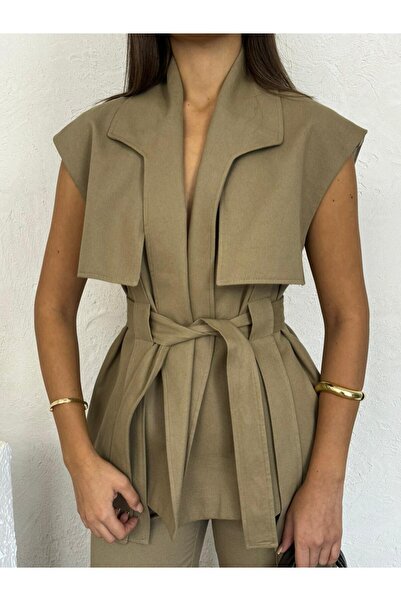 Nesil Windbreaker Detailed Belted Sleeveless Women's Stylish Classic Daily Engagement Wedding Pants Vest Set